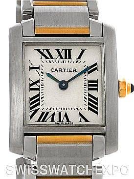 This image shows a Cartier watch from a frontal angle, displaying its face, hands, and part of the bracelet.