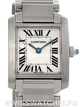 The image shows a front view of the Cartier Tank Francaise W51008Q3 Women's Stainless Steel Silver Dial W51008Q3 Women's Stainless Steel Silver Dial watch, displaying its face, bezel, and part of the bracelet.