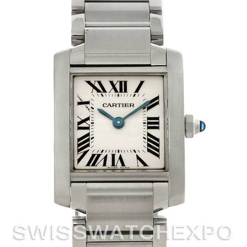 This image shows a front view of the Cartier Tank Francaise W51008Q3 Women's Stainless Steel Silver Dial W51008Q3 Women's Stainless Steel Silver Dial watch, highlighting its square face, Roman numerals, and metallic bracelet.
