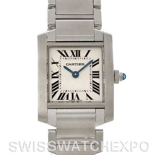 Front view of the Cartier Tank Francaise W51008Q3 Women's Stainless Steel Silver Dial W51008Q3 Women's Stainless Steel Silver Dial showing the face, bracelet, and crown.