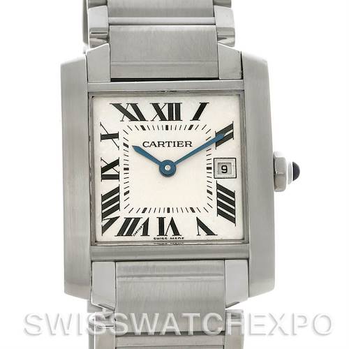 The Cartier Tank Francaise W51011Q3 Women's Stainless Steel Silver Dial W51011Q3 Women's Stainless Steel Silver Dial watch is shown at a straight-on angle, highlighting the face, Roman numerals, and stainless steel bracelet.