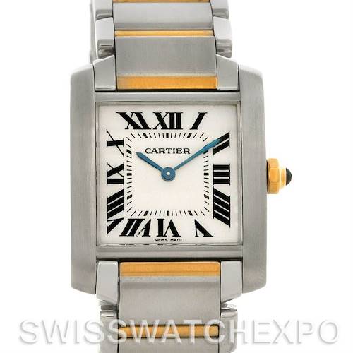 The image shows a front view of the Cartier Tank Francaise Women's Steel and Gold (two tone) Silver Dial Women's Steel and Gold (two tone) Silver Dial watch, highlighting the face, bracelet, and crown.