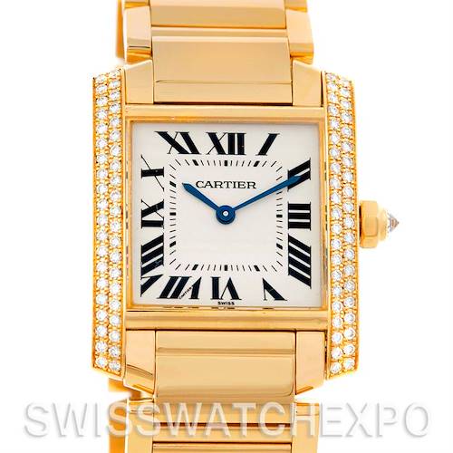 The image shows a frontal view of the Cartier Tank Francaise WE1017R8 Women's Yellow Gold Silver Dial WE1017R8 Women's Yellow Gold Silver Dial, highlighting its face, bezel, and part of the gold bracelet.
