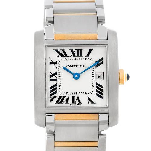 The image shows a frontal view of a Cartier Tank Francaise W51012Q4 Women's Steel and Gold (two tone) Silver Dial W51012Q4 Women's Steel and Gold (two tone) Silver Dial watch, displaying the face, Roman numerals, and part of the bracelet.