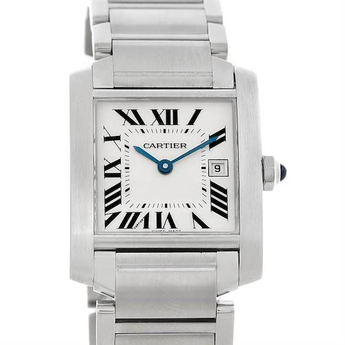 The image shows a front view of the Cartier Tank Française watch, highlighting the face, Roman numerals, and part of the metal bracelet.