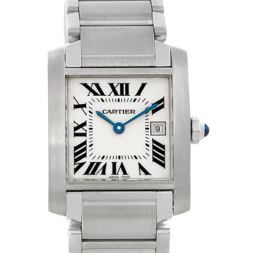 The image shows a frontal view of the Cartier Tank Francaise W51011Q3 Women's Stainless Steel Silver Dial W51011Q3 Women's Stainless Steel Silver Dial watch, displaying its face, roman numerals, blue hands, and metal bracelet.