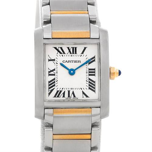 The image shows a front view of the Cartier Tank Francaise W51007Q4 Women's Steel and Gold (two tone) Silver Dial W51007Q4 Women's Steel and Gold (two tone) Silver Dial watch, highlighting its rectangular face and two-tone bracelet.