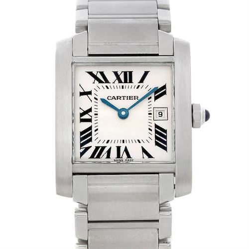 This image shows a frontal view of the Cartier Tank Francaise W51011Q3 Women's Stainless Steel Silver Dial W51011Q3 Women's Stainless Steel Silver Dial watch displaying its face, Roman numerals, and stainless steel bracelet.