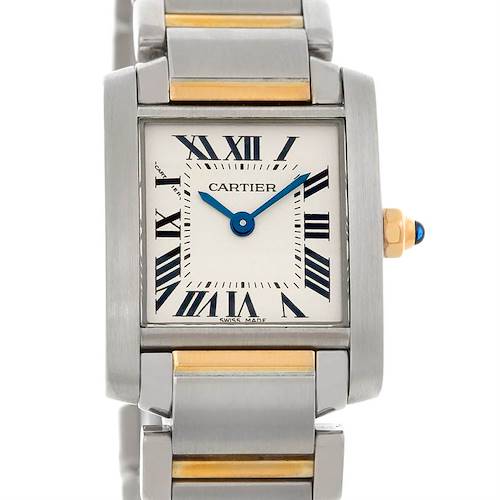 This image shows a close-up of the Cartier Tank Francaise W51007Q4 Women's Steel and Gold (two tone) Silver Dial W51007Q4 Women's Steel and Gold (two tone) Silver Dial watch, highlighting its face and part of its metal bracelet.
