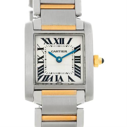 This image displays a Cartier Tank Française watch from the front, showing its face, dial, hands, and part of the bracelet.