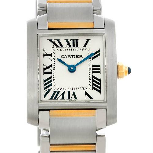 The image shows a close-up of the face and upper bracelet of a Cartier Tank Francaise W51007Q4 Women's Steel and Gold (two tone) Silver Dial W51007Q4 Women's Steel and Gold (two tone) Silver Dial watch, highlighting the dial and Roman numerals.