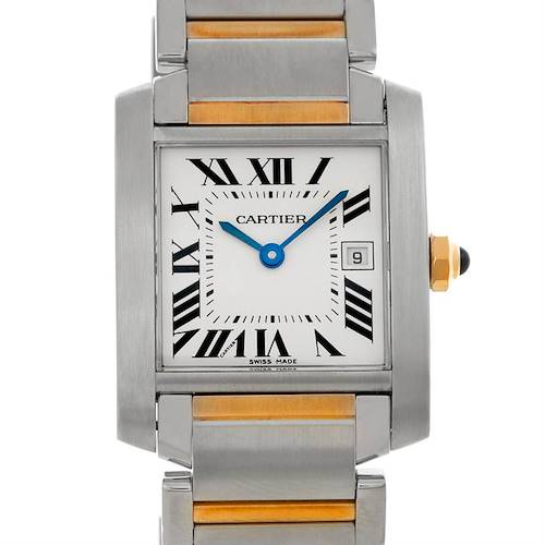 This image shows a frontal view of a Cartier Tank Francaise W51012Q4 Women's Steel and Gold (two tone) Silver Dial W51012Q4 Women's Steel and Gold (two tone) Silver Dial watch, focusing on the dial and part of the bracelet.