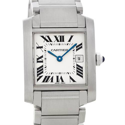 I don't know who this is, but the image shows a Cartier watch with a square face and stainless steel strap from a front angle.