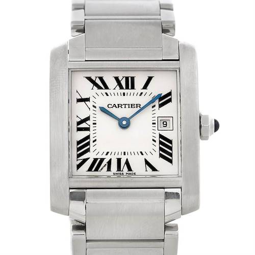 The image shows a front view of a Cartier Tank Francaise W51011Q3 Women's Stainless Steel Silver Dial W51011Q3 Women's Stainless Steel Silver Dial watch, highlighting its square face, Roman numerals, and metal bracelet.