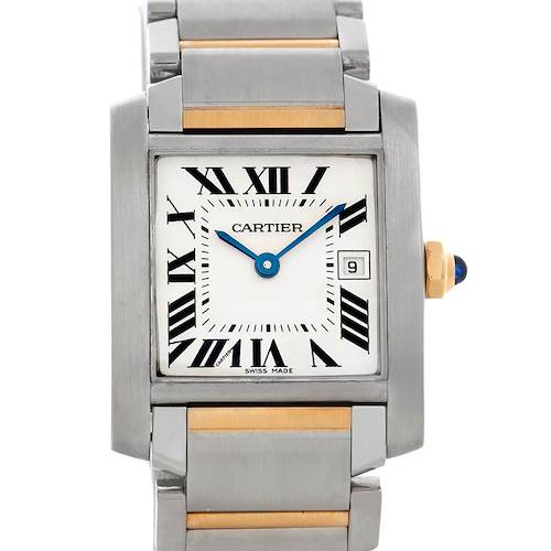 The image shows a frontal view of the Cartier Tank Française watch, displaying its face, bezel, and part of the bracelet.