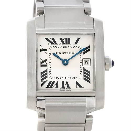 The image shows a frontal view of the Cartier Tank Francaise W51011Q3 Women's Stainless Steel Silver Dial W51011Q3 Women's Stainless Steel Silver Dial watch, highlighting the dial, hands, date window, and part of the bracelet.