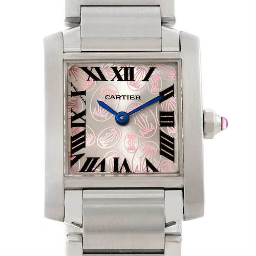 The Cartier Tank Francaise W51031Q3 Women's Stainless Steel Silver Dial W51031Q3 Women's Stainless Steel Silver Dial watch is shown from a front angle, highlighting the face, bezel, and part of the bracelet.