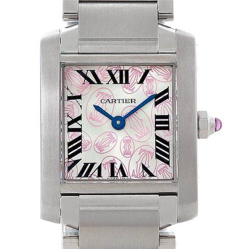 The image shows a close-up of the Cartier Tank Française watch with its face, dial, and a portion of the metal bracelet.
