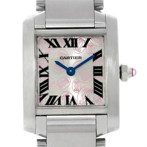 The image shows the face and bezel of a Cartier Tank Francaise W51031Q3 Women's Stainless Steel Silver Dial W51031Q3 Women's Stainless Steel Silver Dial watch, displaying blue hands, Roman numerals, and a pink cabochon on the crown.