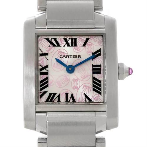 The image shows a close-up of the Cartier Tank Francaise W51031Q3 Women's Stainless Steel Silver Dial W51031Q3 Women's Stainless Steel Silver Dial watch face, featuring Roman numerals and blue hands.