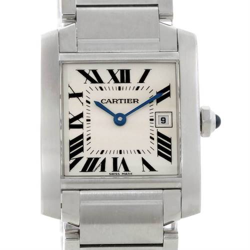 The image shows a front view of a Cartier Tank Francaise W51011Q3 Women's Stainless Steel Silver Dial W51011Q3 Women's Stainless Steel Silver Dial watch, highlighting its dial, bracelet, and crown.