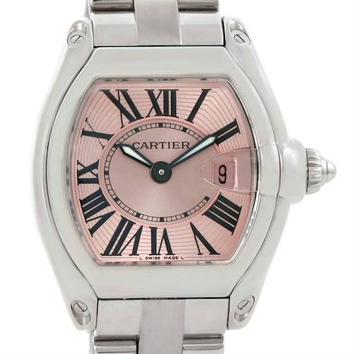 The image shows a front view of a Cartier Roadster W62017V3 Women's Stainless Steel Pink Dial W62017V3 Women's Stainless Steel Pink Dial watch, highlighting its face, dial, and part of the bracelet.