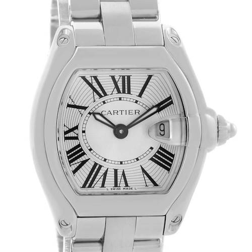 This is a close-up of the Cartier Roadster W62016V3 Women's Stainless Steel Silver Dial W62016V3 Women's Stainless Steel Silver Dial watch, showing the face, bezel, crown, and part of the metal bracelet.
