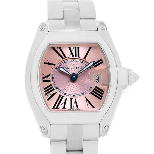 The image shows a front view of the Cartier Roadster W62043V3 Women's Stainless Steel Pink Dial W62043V3 Women's Stainless Steel Pink Dial watch, highlighting its pink dial, Roman numerals, and integrated bracelet.