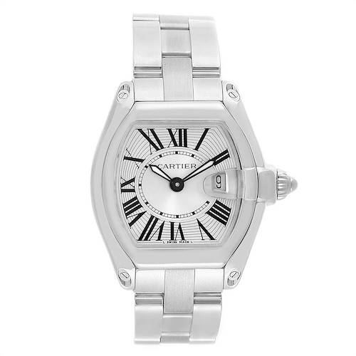 The image shows a front view of a Cartier Roadster W62016V3 Women's Stainless Steel Silver Dial W62016V3 Women's Stainless Steel Silver Dial watch, displaying its face, bracelet, and crown.