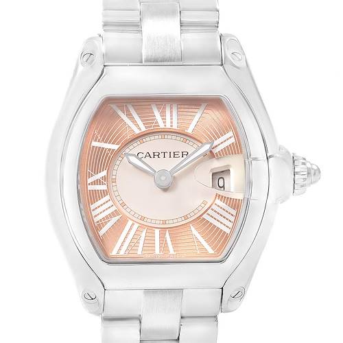 This image shows a front view of the Cartier Roadster W62054V3 Women's Stainless Steel Pink Dial W62054V3 Women's Stainless Steel Pink Dial watch, highlighting the dial, crown, and bracelet.