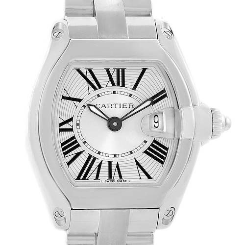 The image shows a front view of the Cartier Roadster W62016V3 Women's Stainless Steel Silver Dial W62016V3 Women's Stainless Steel Silver Dial watch, highlighting its dial, hands, and date window.