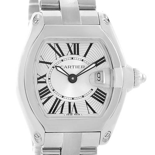 The image shows a front view of the Cartier Roadster W62016V3 Women's Stainless Steel Silver Dial W62016V3 Women's Stainless Steel Silver Dial watch, highlighting the dial, hands, date window, case, and part of the bracelet.