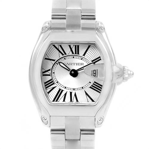 The image shows the face and bracelet of a Cartier Roadster W62016V3 Women's Stainless Steel Silver Dial W62016V3 Women's Stainless Steel Silver Dial watch, captured from the front angle.
