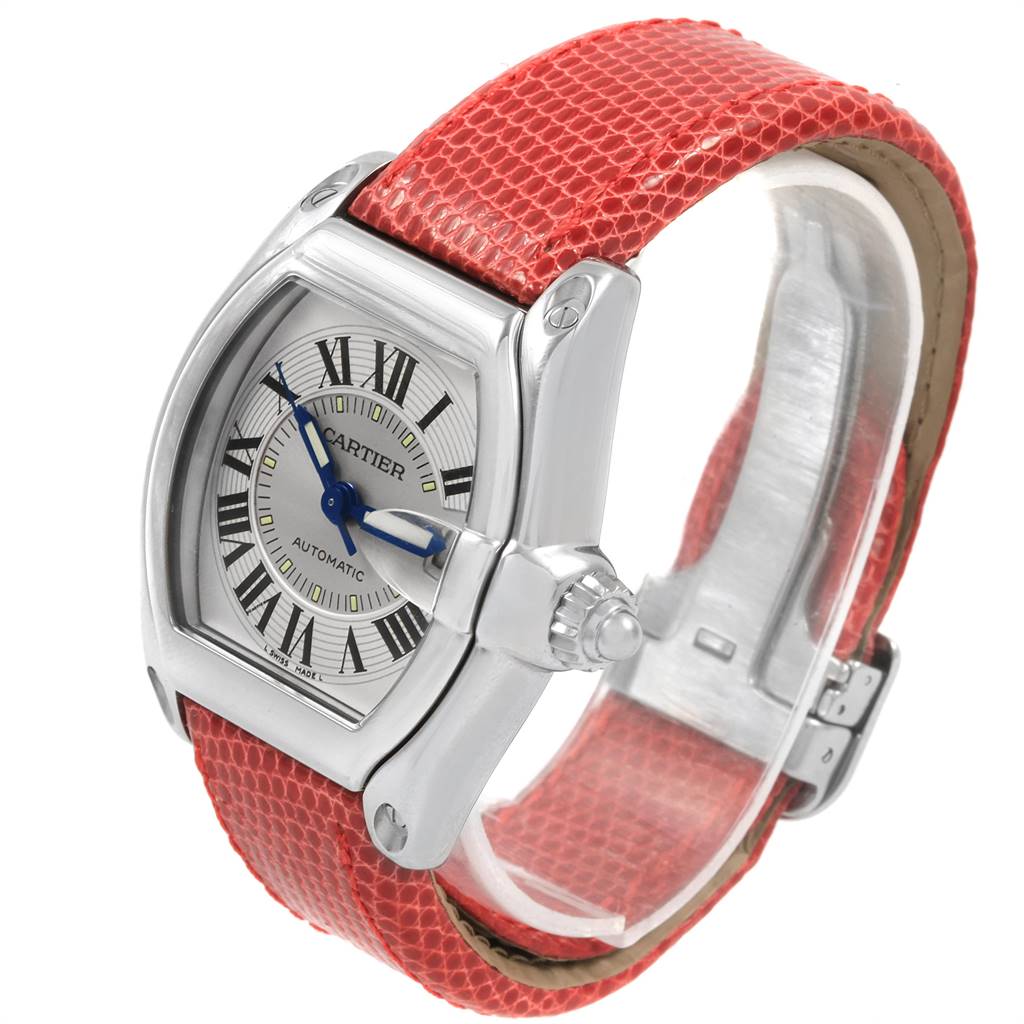 The Cartier W62000V3 Stainless Steel Silver Dial W62000V3 Stainless Steel Silver Dial Roadster Mens Steel Red Strap Large Watch W62000V3 is shown from a side angle, highlighting the dial, case, and strap.