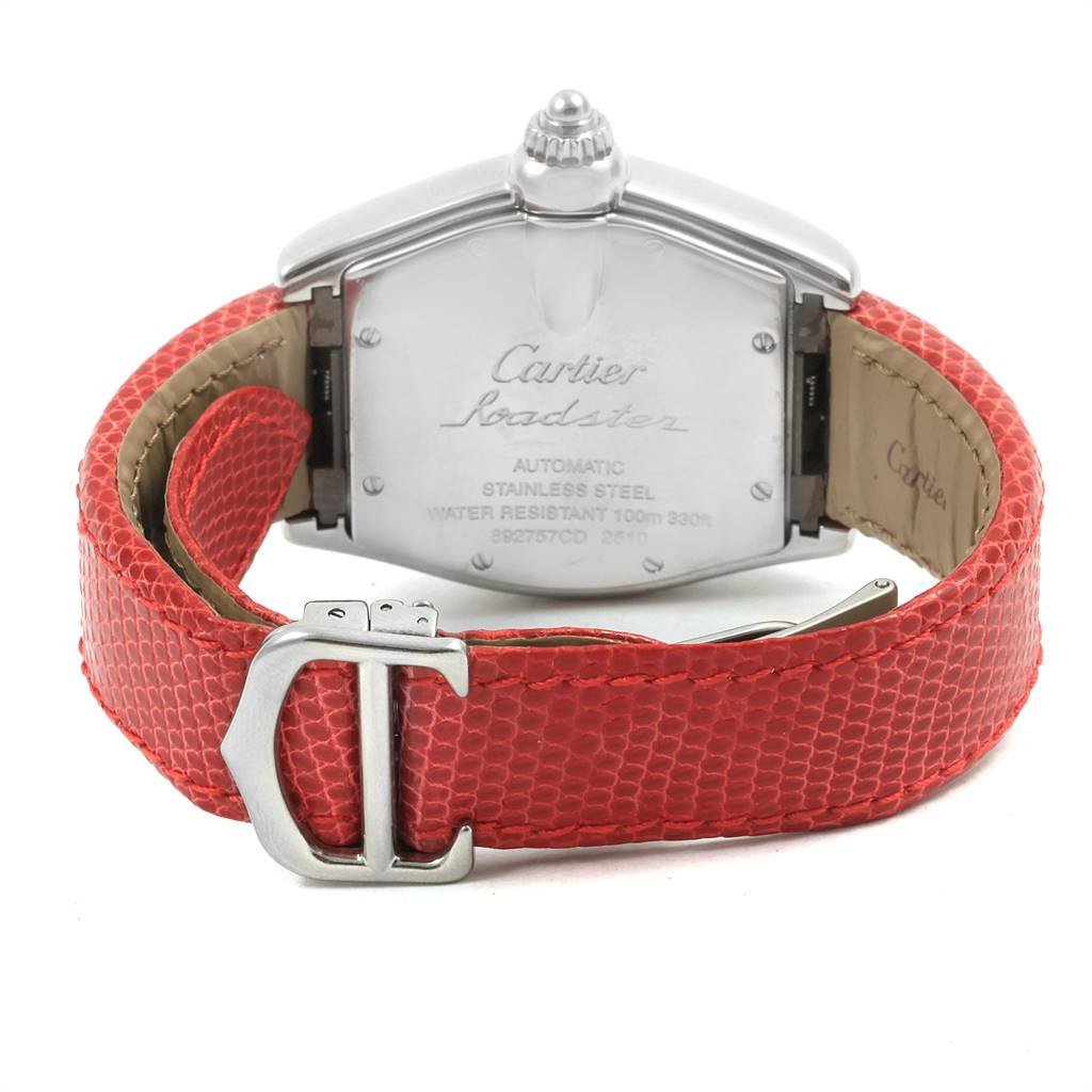 The image shows the back view of the Cartier W62000V3 Stainless Steel Silver Dial W62000V3 Stainless Steel Silver Dial Roadster Men's Steel Red Strap Large Watch W62000V3, highlighting the case back and strap.