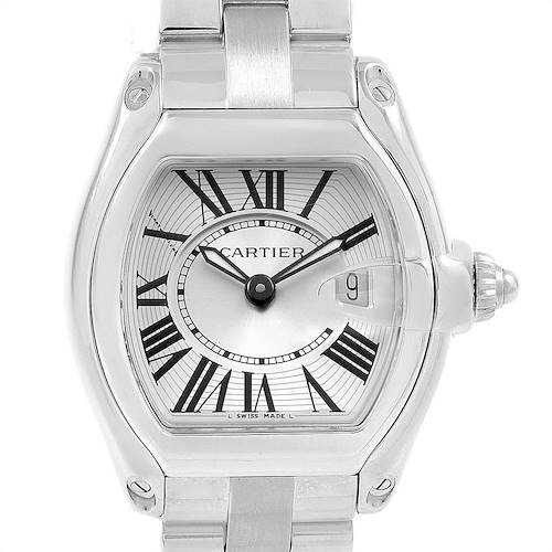 This image shows a front view of the Cartier Roadster 17859 Women's Stainless Steel Silver Dial 17859 Women's Stainless Steel Silver Dial watch, highlighting the dial, hands, and part of the bracelet.