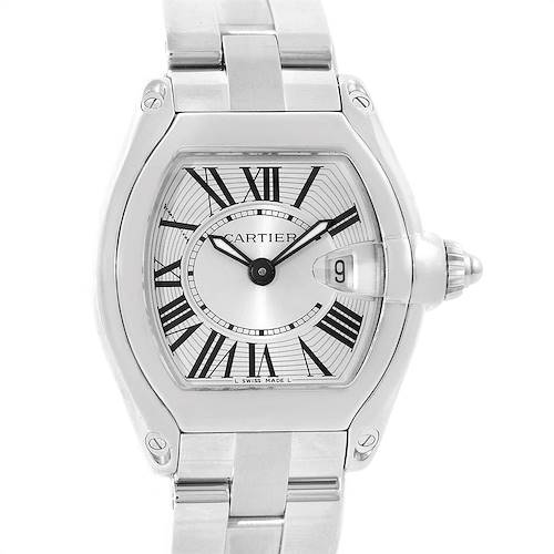 This image shows a front view of the Cartier Roadster W62016V3 Women's Stainless Steel Silver Dial W62016V3 Women's Stainless Steel Silver Dial watch, highlighting its dial, hands, Roman numeral markers, date window, and part of the bracelet.