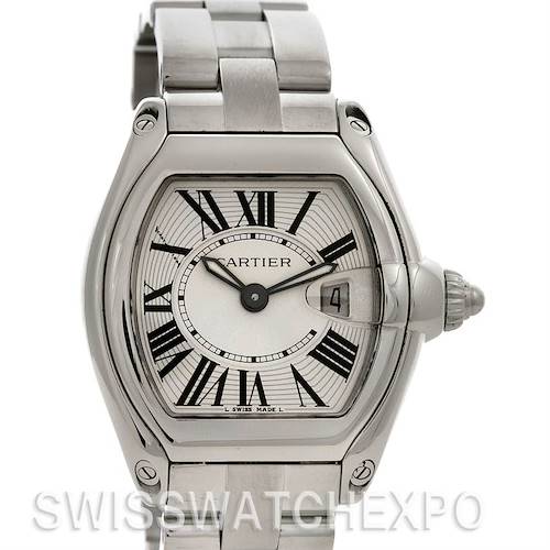 The image shows a frontal view of the Cartier Roadster W62016V3 Women's Stainless Steel Silver Dial W62016V3 Women's Stainless Steel Silver Dial watch, highlighting its dial, case, bracelet, and crown.
