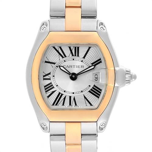 This image shows a front view of the Cartier Roadster W62026Y4 Women's Steel and Gold (two tone) Silver Dial W62026Y4 Women's Steel and Gold (two tone) Silver Dial watch, displaying its dial, Roman numerals, and two-tone bracelet.