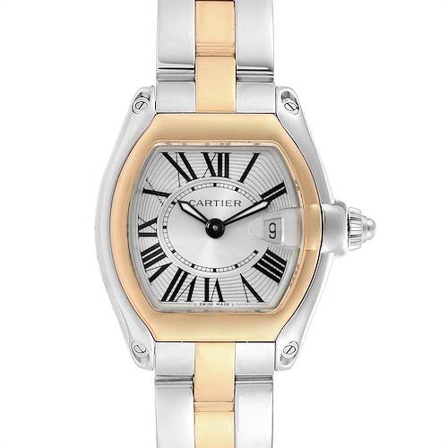 The image shows a front view of a Cartier Roadster W62026Y4 Women's Steel and Gold (two tone) Silver Dial W62026Y4 Women's Steel and Gold (two tone) Silver Dial watch, highlighting its face, case, bracelet, and crown.