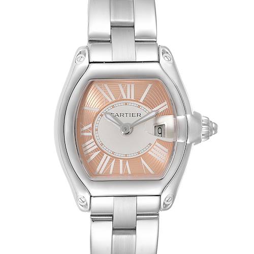 The image shows a Cartier Roadster W62054V3 Women's Stainless Steel Pink Dial W62054V3 Women's Stainless Steel Pink Dial watch from a frontal angle, displaying its dial, bezel, and part of the bracelet.