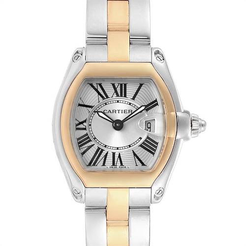 The image shows a frontal view of the Cartier Roadster W62026Y4 Women's Steel and Gold (two tone) Silver Dial W62026Y4 Women's Steel and Gold (two tone) Silver Dial watch, highlighting its face, bezel, and part of the metal strap.