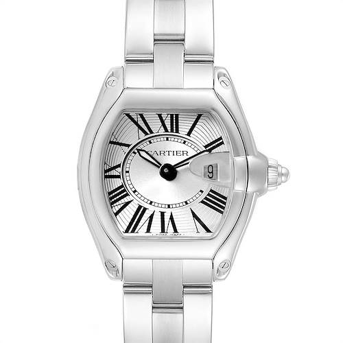 The image shows a front view of the Cartier Roadster W62016V3 Women's Stainless Steel Silver Dial W62016V3 Women's Stainless Steel Silver Dial watch, displaying the face, bezel, and part of the bracelet.
