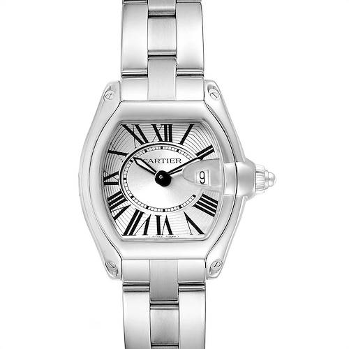 The image shows a frontal view of the Cartier Roadster W62016V3 Women's Stainless Steel Silver Dial W62016V3 Women's Stainless Steel Silver Dial watch displaying its face, bezel, and bracelet.