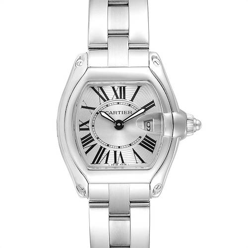 The image shows a front view of the Cartier Roadster W62016V3 Women's Stainless Steel Silver Dial W62016V3 Women's Stainless Steel Silver Dial watch, highlighting its face, Roman numeral markers, and steel bracelet.