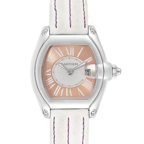 The Cartier Roadster W62054V3 Women's Stainless Steel Pink Dial W62054V3 Women's Stainless Steel Pink Dial watch is shown from a top-down angle, highlighting its dial, case, and part of the strap.