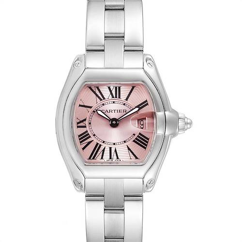 This image shows the front view of a Cartier Roadster W62017V3 Women's Stainless Steel Pink Dial W62017V3 Women's Stainless Steel Pink Dial watch, highlighting its pink dial, Roman numerals, and metal bracelet.