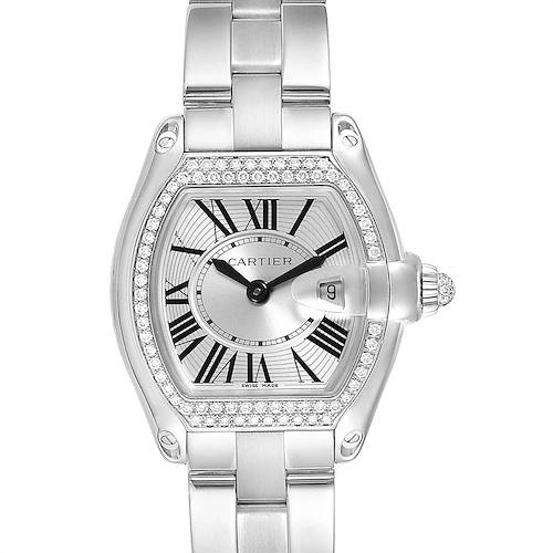 The image shows a Cartier Roadster WE5002X2 Women's White Gold Silver Dial WE5002X2 Women's White Gold Silver Dial watch from a top-down angle, displaying its face, bezel, and bracelet.