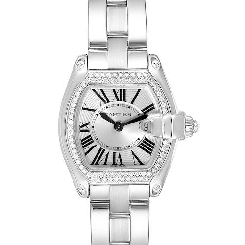 The image shows a front view of a Cartier Roadster WE5002X2 Women's White Gold Silver Dial WE5002X2 Women's White Gold Silver Dial watch, highlighting the face, bezel, and part of the stainless steel bracelet.