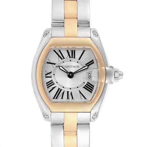 The Cartier Roadster W62026Y4 Women's Steel and Gold (two tone) Silver Dial W62026Y4 Women's Steel and Gold (two tone) Silver Dial watch is shown head-on, displaying its dial, two-tone bracelet, and crown.